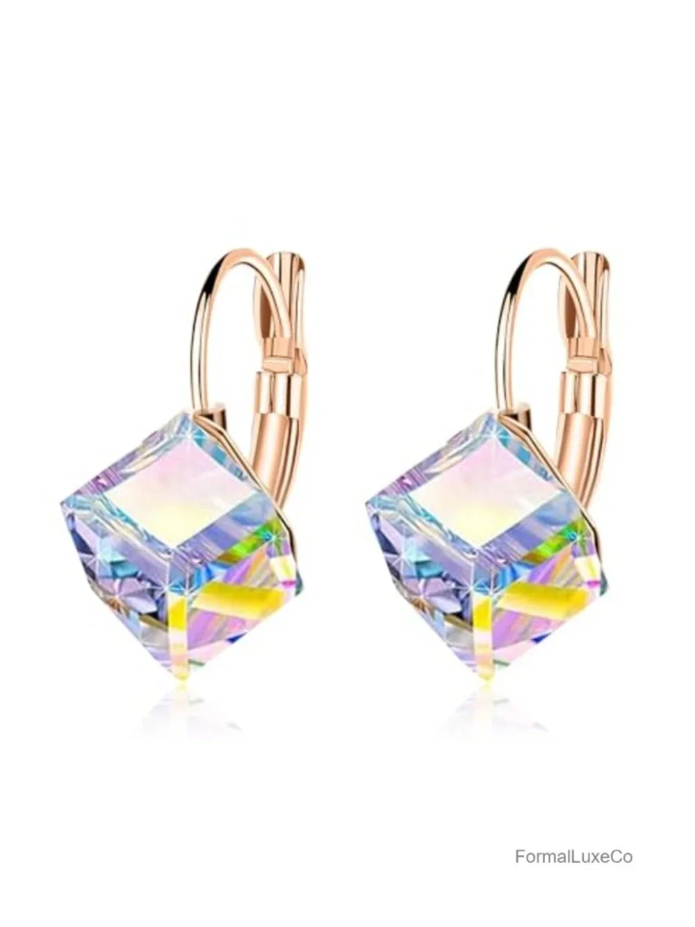 Austrian Crystal Cube Drop Leverback Earrings 14K Rose Gold Plated
